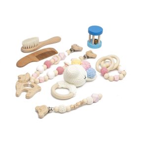 Babaváró ajándékcsomag játékokkal (unikornis) - 7db-os szett, természetes anyagból, horgolt unikornis motívum   Babaváró ajándékcsomag játékokkal (unikornis) - 7db-os szett, természetes anyagból, horgolt unikornis motívum