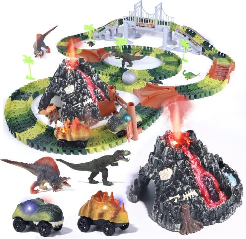 Dinoszaurusz versenypálya vulkánnal - füstölő vulkán, 2 autó, 8 figura, ajtó, híd - 256 db-ból álló szett, 3 éves kortól