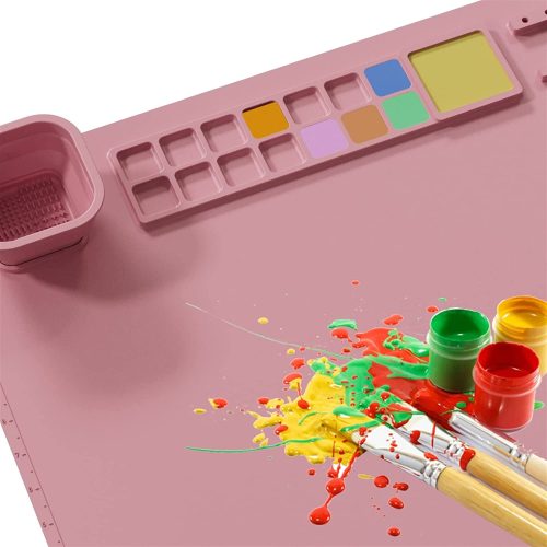 Szilikon festő szőnyeg, festő paletta, festőlap - tapadásmentes, tisztító pohárral a festéshez, 14 szín + 1 keverő - rózsaszín