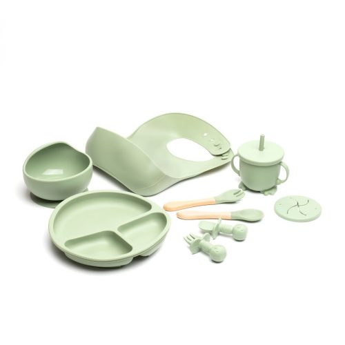 Szilikon baba étkező szett - előkével, tálkával, tányérral, bögrével, kanállal és villával - 10 részes - pasztel zöld