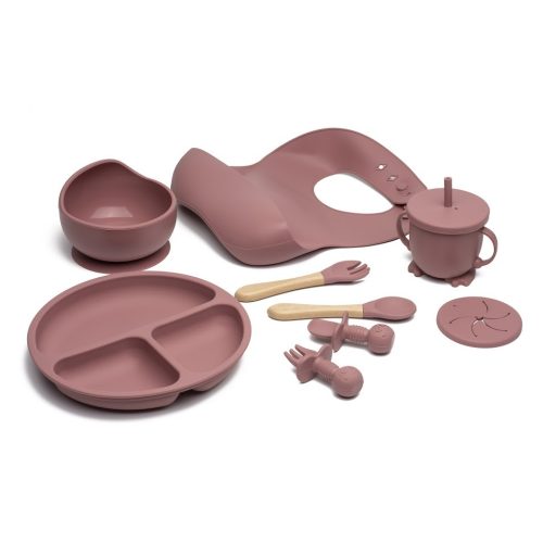 Szilikon baba étkező szett - előkével, tálkával, tányérral, bögrével, kanállal és villával - 10 részes, rózsaszín